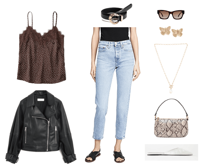 Outfit Guide 1: brown lace camisole, black motorcycle jacket, distressed denim jeans, black belt, white slides, gold accessories, snakeskin purse