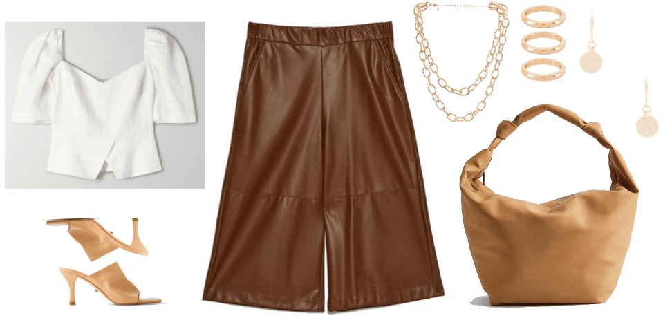 outfit guide 2: white puff sleeve crop top, brown leather culottes, mule heels, gold jewelry