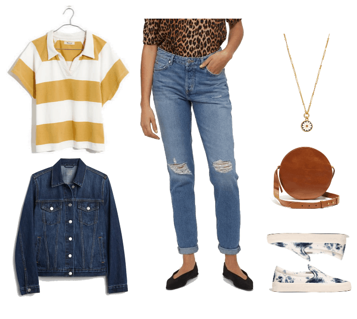 Outfit 2: white and yellow sporty polo, low rise boyfriend jeans, dark blue denim jacket, tie dye sneakers, brown leather crossbody bag