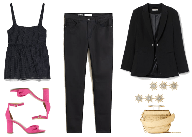 Outfit 3: black top, black jeans, pink heeled sandals, gold bag