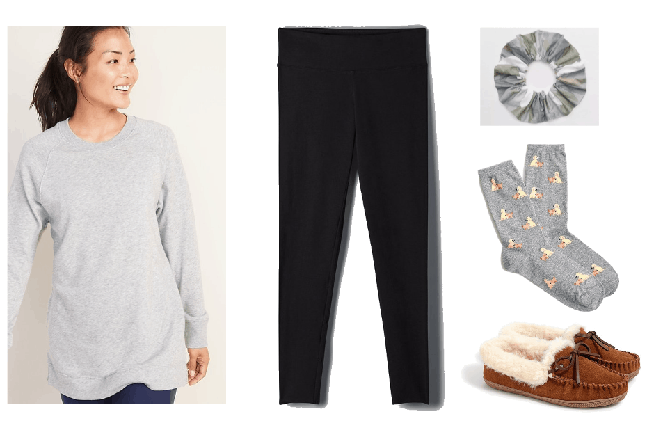 What to wear while at home all day look 1: long grey tunic, black leggings, patterned duck socks, slippers, and a scrunchie.