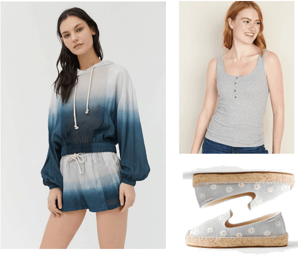 What to wear when you are home all day look 2: blue and white tie die set from Urban Outfitters, grey. cami, grey espadrilles