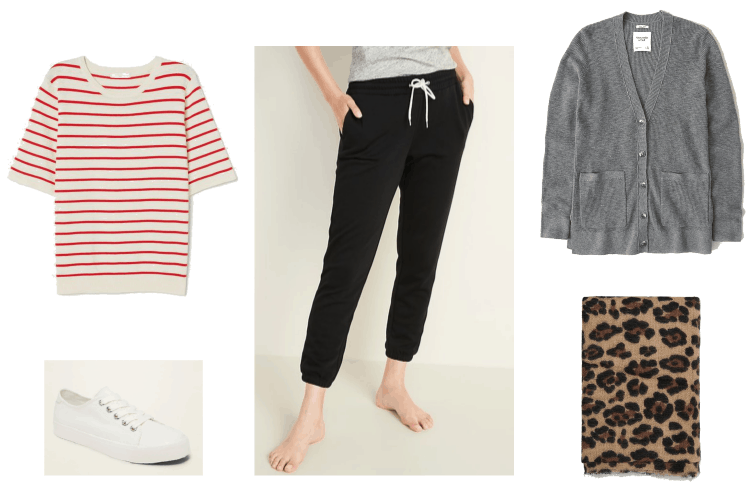 What to wear when you're at home all day look 3: ivory and red striped short sleeve sweater, black jogger pants, grey cardigan, leopard print scarf, and white sneakers.