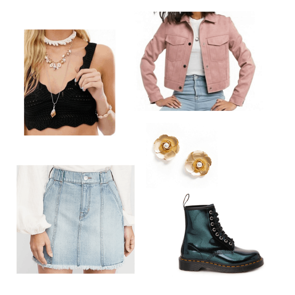 Outfit idea with a crochet crop top, pink jacket, skirt, doc martens boots, and floral earrings