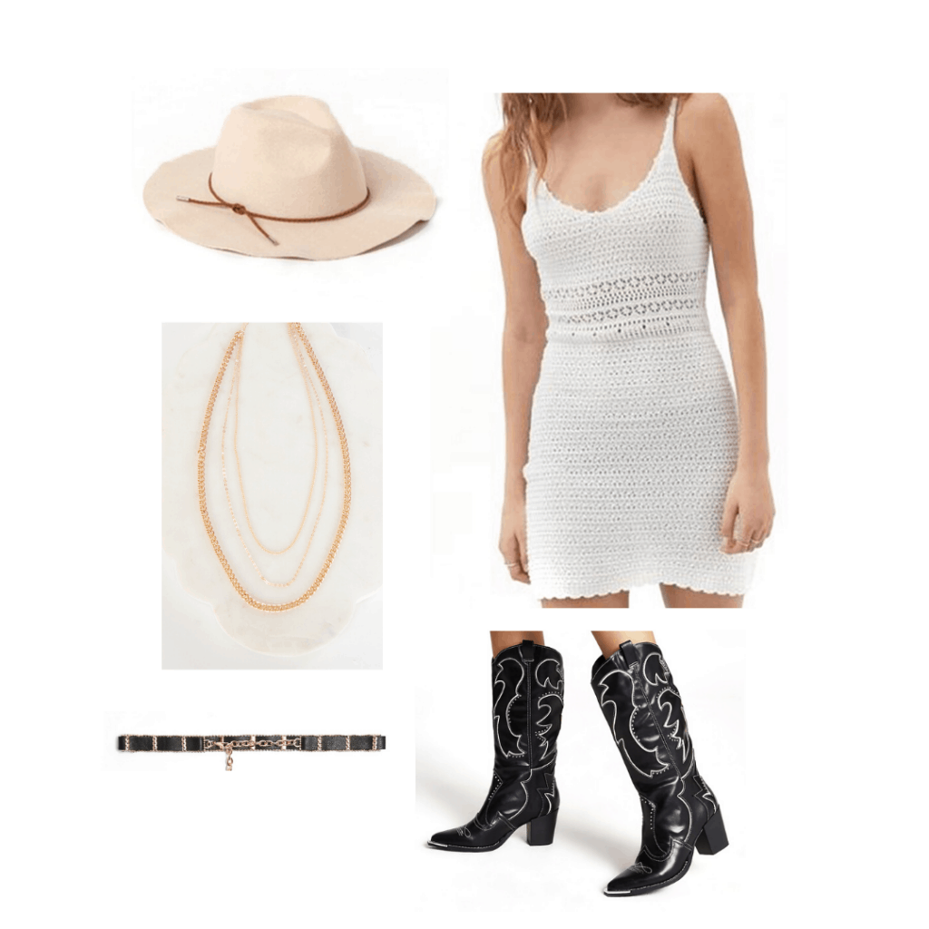 Crochet outfit with crochet dress, hat, cowgirl boots, belt, necklace