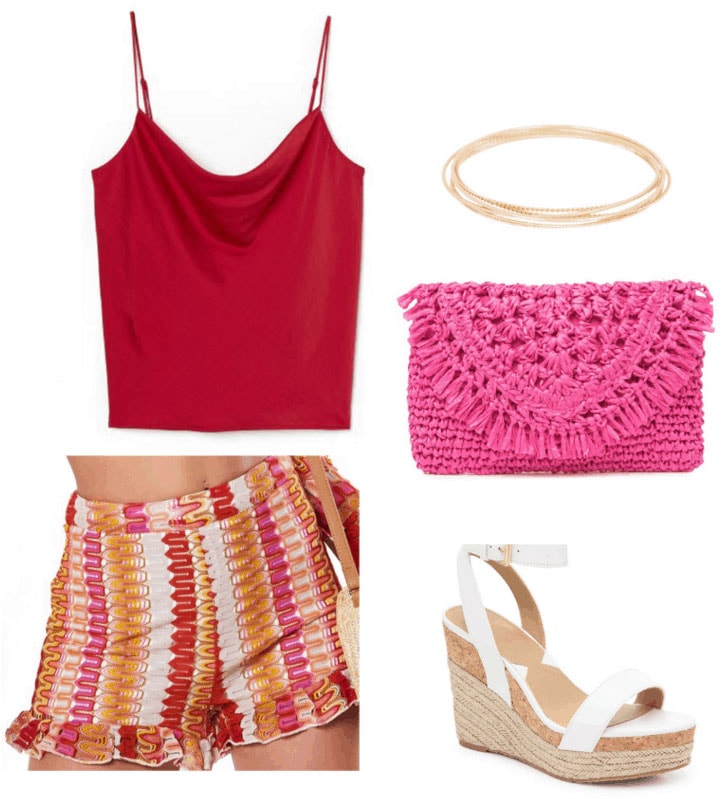 Crochet shorts outfit with striped crochet shorts, satin tank, woven pink bag, platform heels