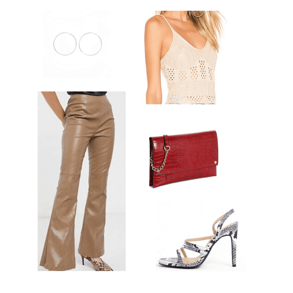 Crochet outfit idea: Crochet crop top, faux leather pants, red crossbody bag, snakeskin heels