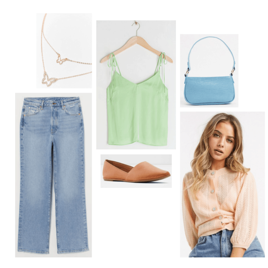 High school musical fashion: Gabriella Montez outfit with light wash jeans, pastel cardigan, mint green cami, butterfly necklaces and mini purse