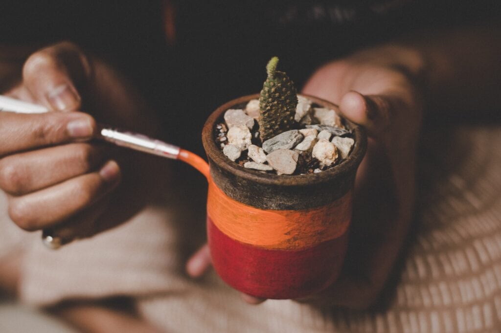 Person painting a pot containing a cactus.