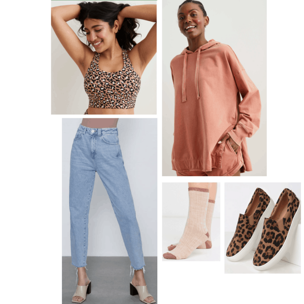 How to wear mom jeans: Comfy outfit with light blue mom jeans, pink sweatshirt, leopard print sports bra, socks, leopard sneakers