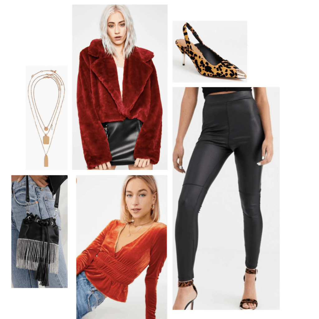 Outfit inspired by Josie from the TV show Katy Keene with faux leather leggings, velvet top, layered necklaces, leopard print heels, bucket bag