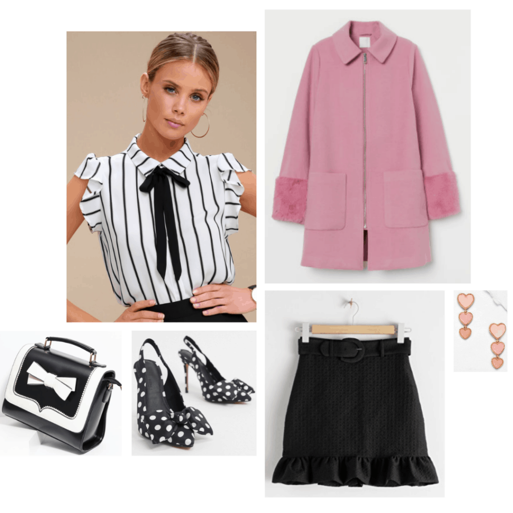 Outfit inspired by Katy Keene's style on the TV show Katy Keene - striped blouse, pink coat, black ruffle skirt, polka dot heels, bow purse