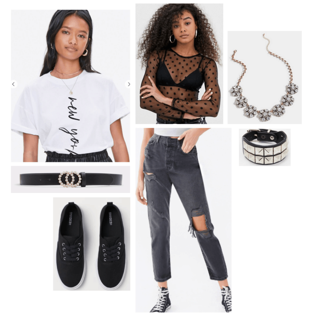 Confessions of a Teenage Drama Queen fashion: Outfit inspired by Lola's style with mesh top, ripped jeans, sneakers, studded jewelry, and cropped t-shirt