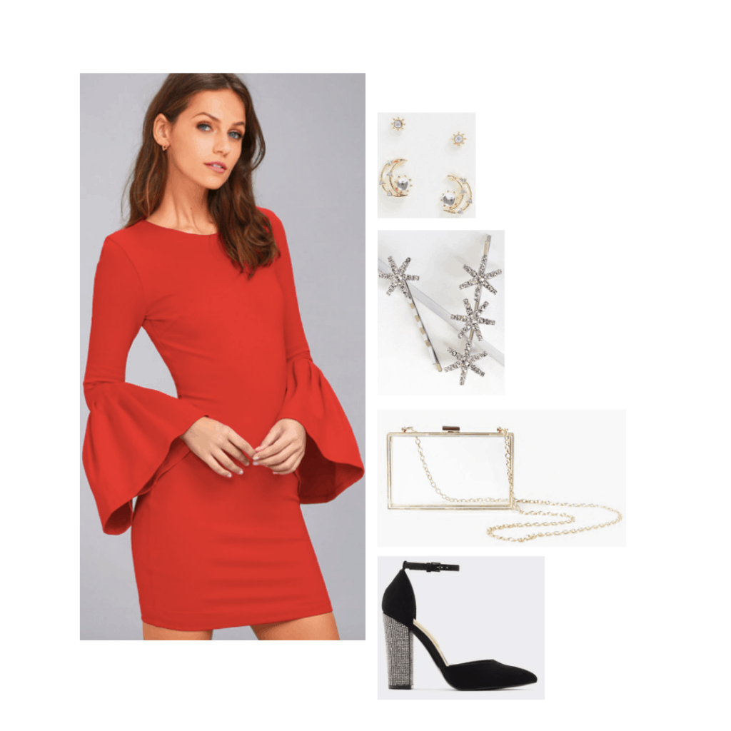 Red dress outfit inspired by Lola from Confessions of a Teenage Drama Queen with black heels, clear bag, star hair clips, moon earrings