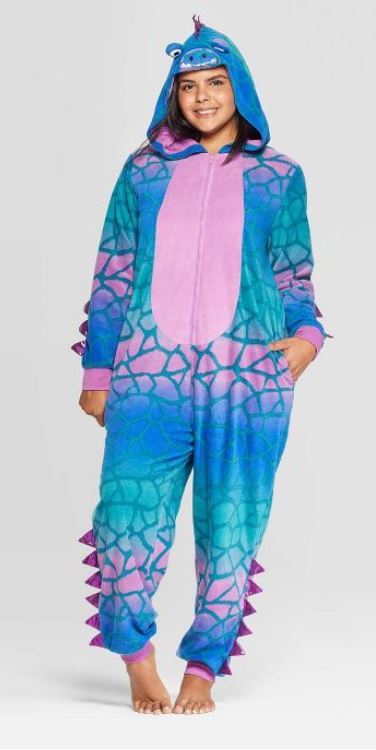 Blue, purple, and pink dino onesie.