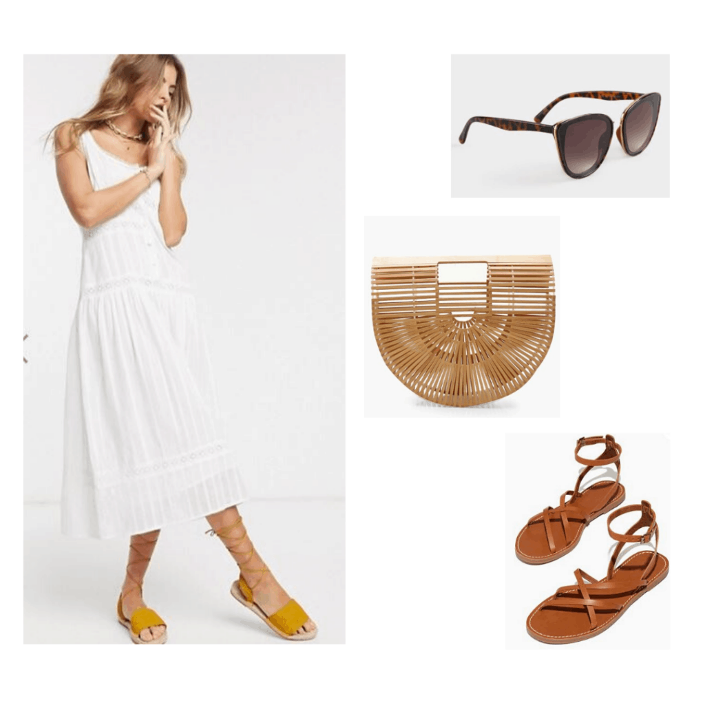 Summer French inspired outfit with cotton white midi dress from ASOS, cat eye sunglasses, wicker purse, and brown sandals