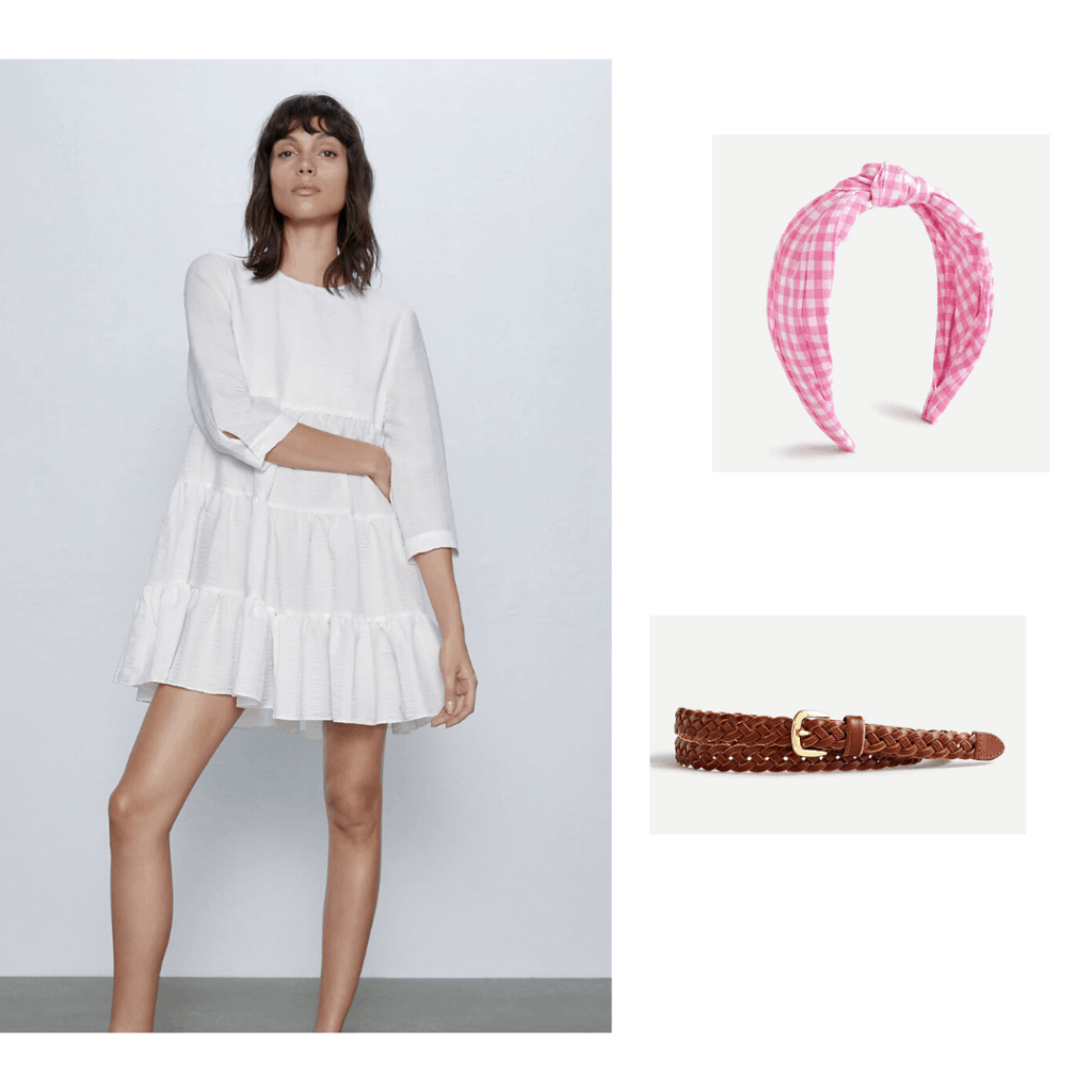 Zara white gathered dress styled with a J.Crew headband and belt