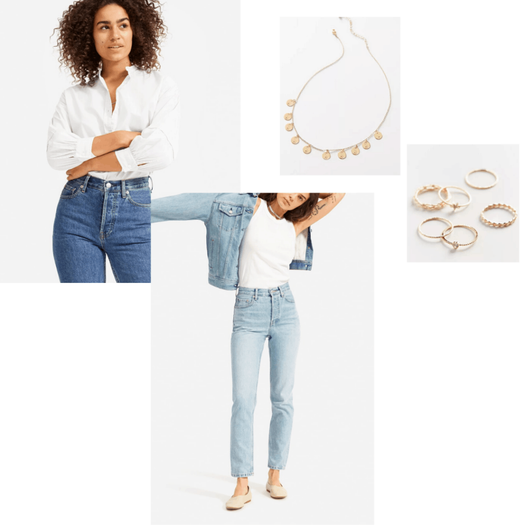 WFH outfit for online classes and jobs - Everlane white button down styled with light washed straight leg Everlane jeans and dainty jewelry from Urban Outfitters 