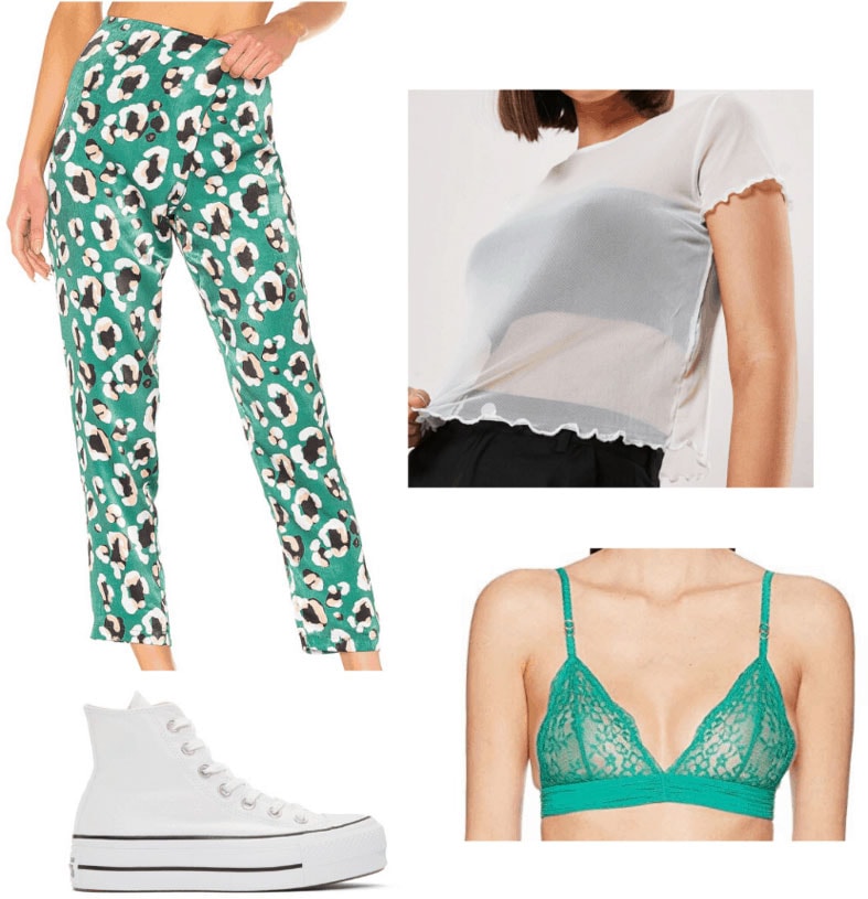 St. Patrick's Day outfit idea with green floral print pants, sheer blouse, green bralette, white sneakers