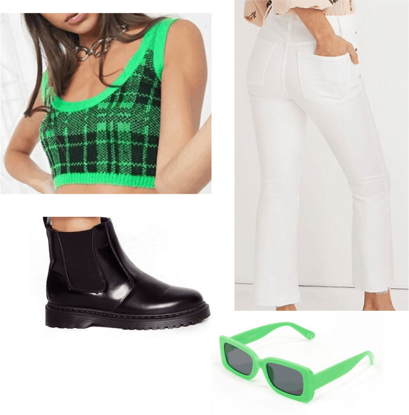 St. Patrick's Day outfit with plaid bralette, high waisted white jeans, Chelsea boots, green sunglasses