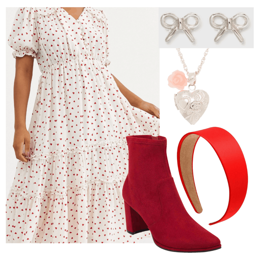 Lara Jean outfit from PS I still Love You: Heart print dress outfit from Valentine's Day with red and white dress, red boots, headband, jewelry