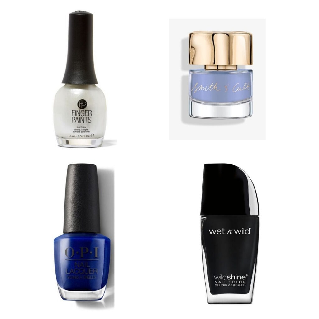 Blue, white, black nail polish.