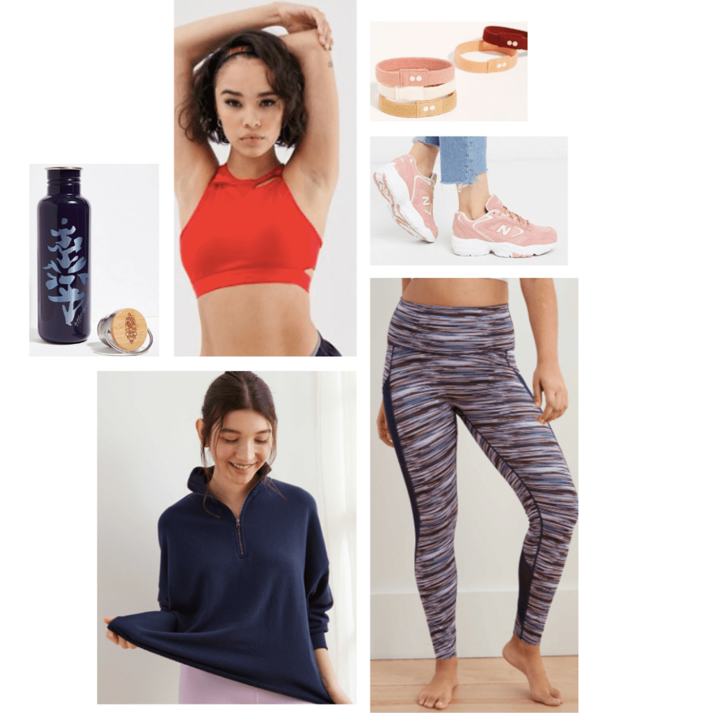 Outfit inspired by Mulan: navy pullover sweater, high-neck red sports bra, stripe leggings, pink sneakers