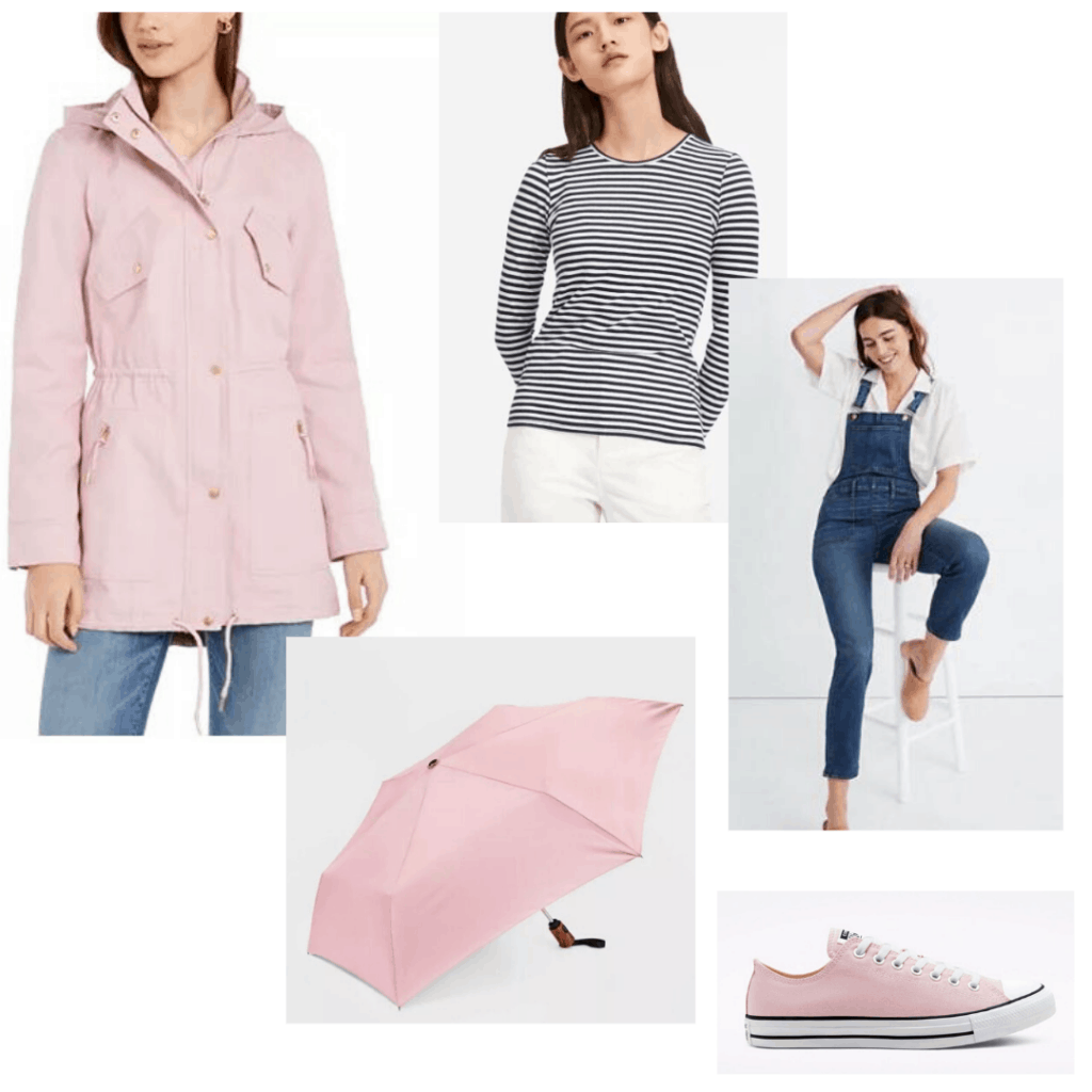 How to wear raincoats: Pastel pink rain coat styled with striped tee, overalls, pink Converse and a pink umbrella