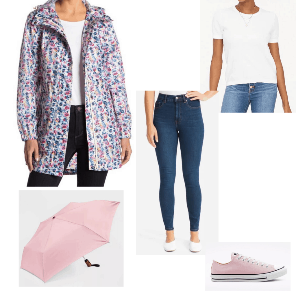 Joules floral rain coat with a white sweater, dark skinny jeans, pink Converse, and pink umbrella 