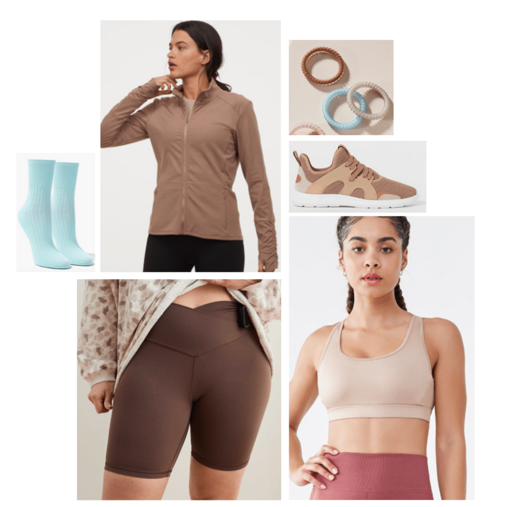 Outfit inspired by Pocahontas: brown bike shorts, brown zip-up, nude sports bra, blue socks, brown sneakers