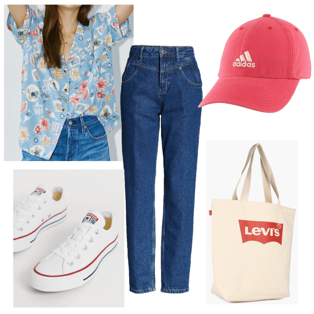 How to style button-down shirts: Photo of an outfit set with a blue patterned button-down, converse sneakers, tote bag, jeans, adidas hat