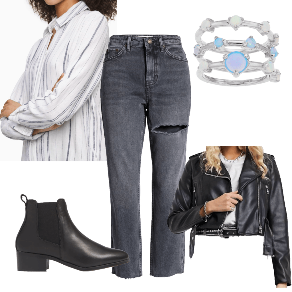 How to style button-down shirts: Photo of an outfit set with a white and blue striped button-down, black boots, leather jacket, ripped jeans