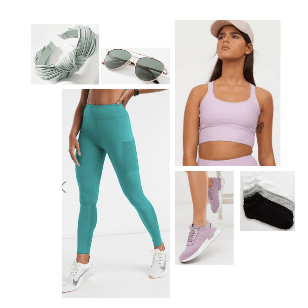 Ariel inspired athleisure outfit, lavender sports bra, green leggings, lavender sneakers