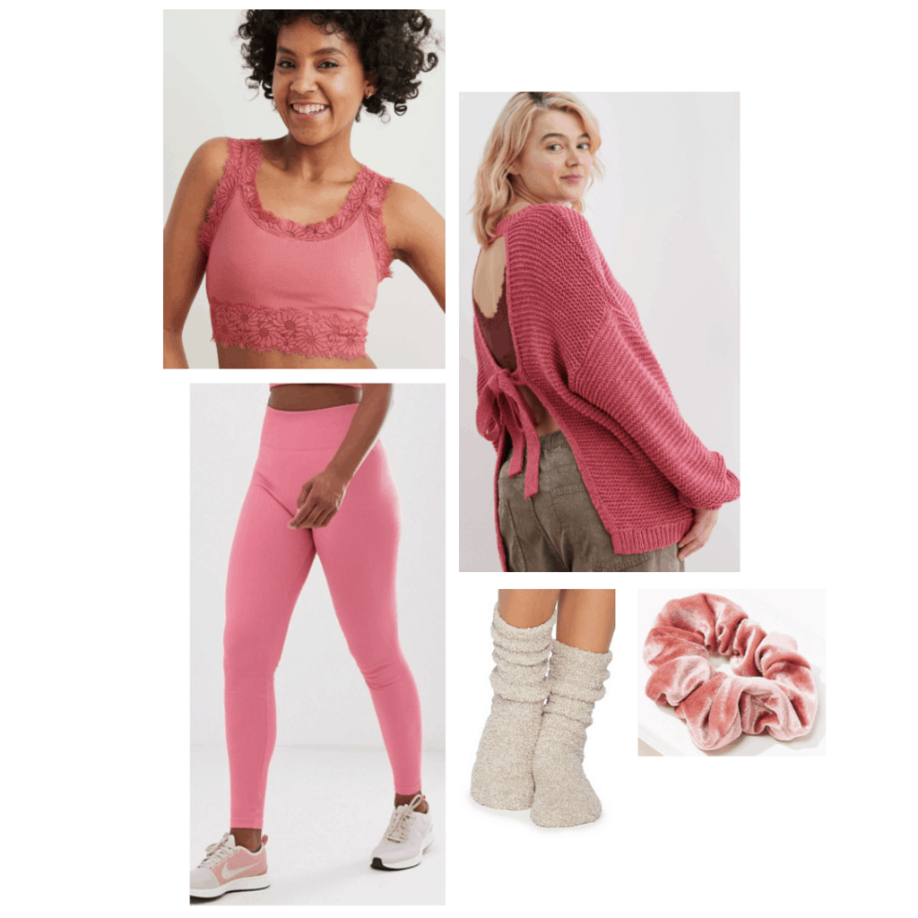 Aurora disney princess inspired loungewear outfit, pink open-back sweater, pink bralette, pink leggings, cozy socks