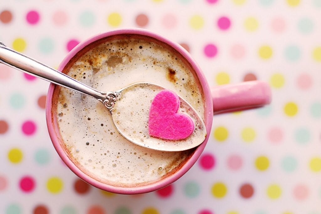 Coffee in pink mug.