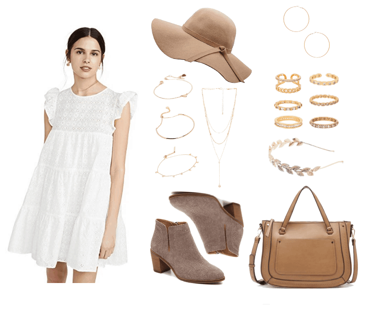 Schitt's Creek Fashion Outfit #2: Alexis Rose: white peasant dress, delicate gold jewelry, brown purse, taupe booties