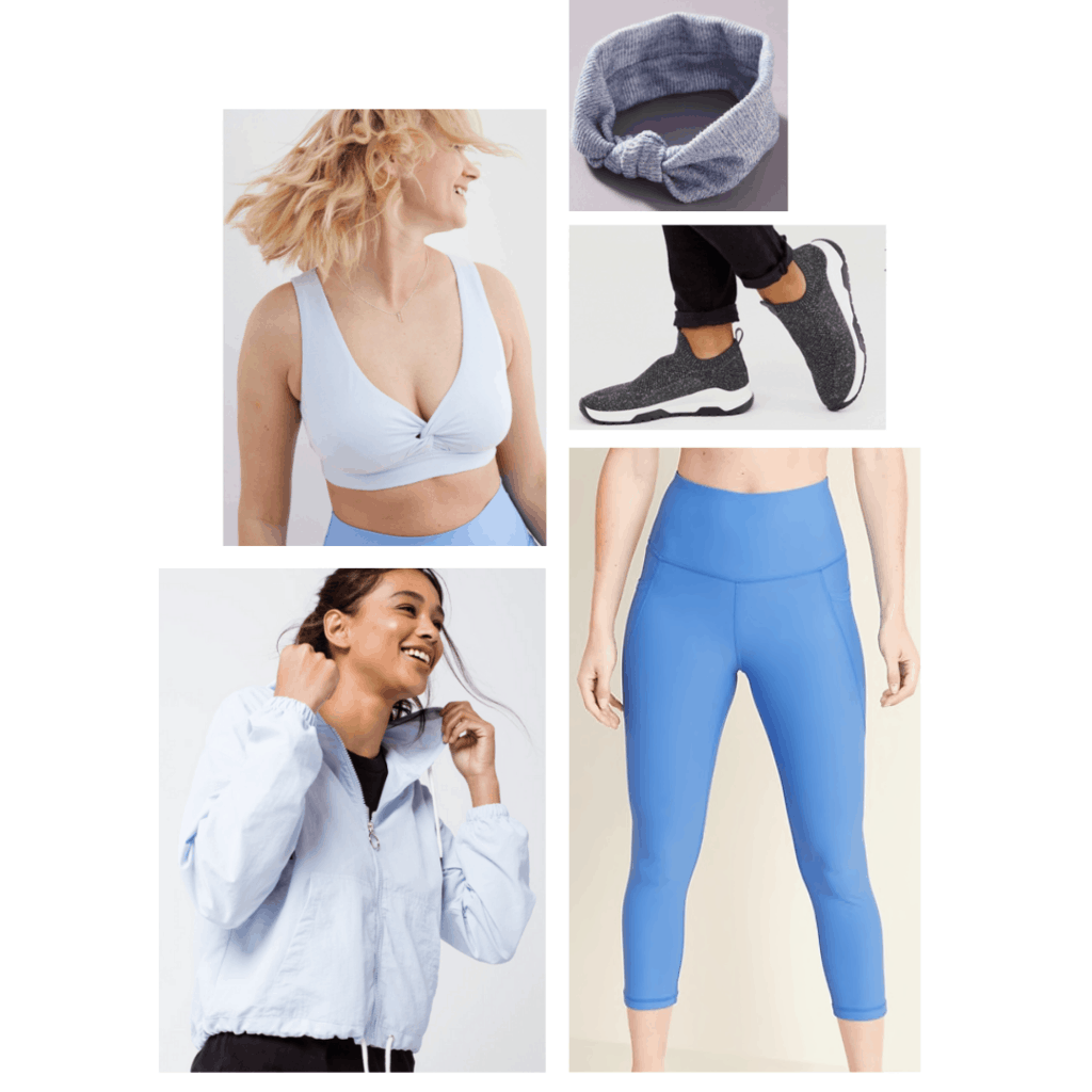 Cinderella inspired athleisure outfit, baby blue bralette, blue leggings, soft blue jacket, pull on sneakers