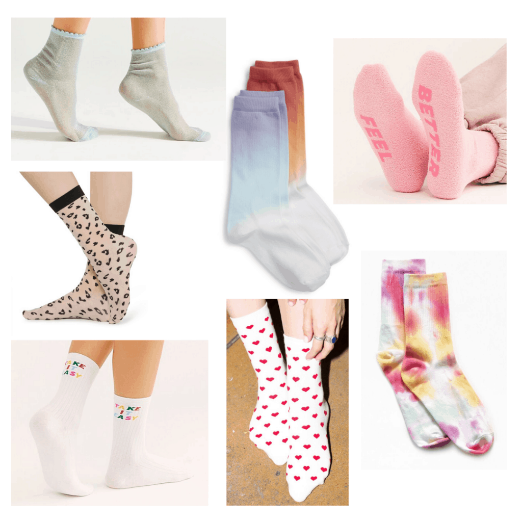 Liste des accessoires de mode : Des chaussettes mignonnes de différents imprimés et couleurs