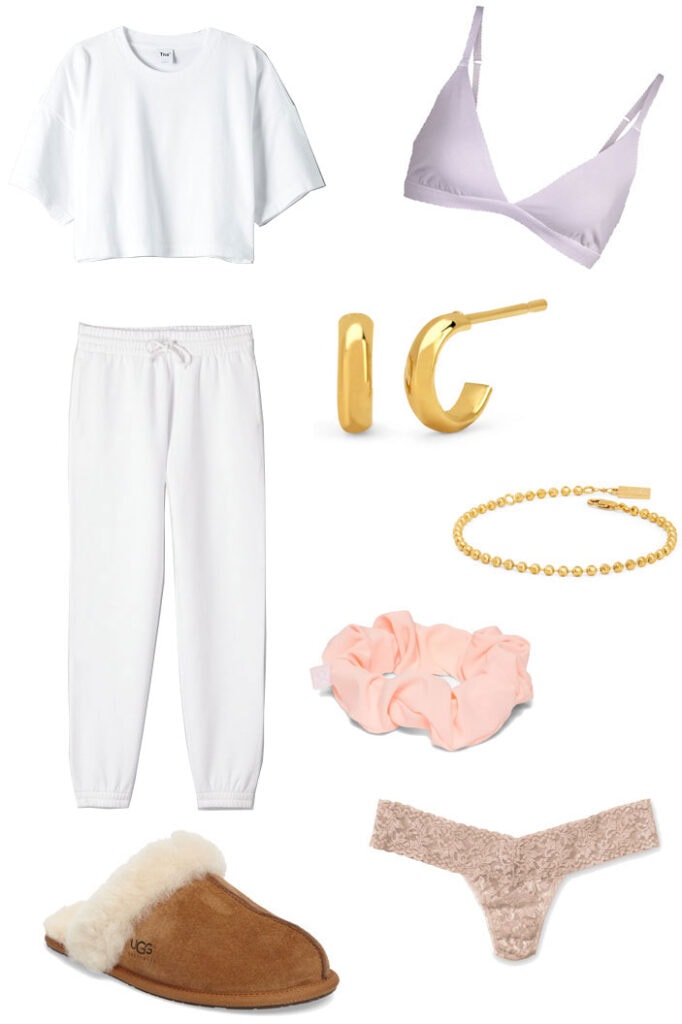 My ultimate cozy outfit - sweats from Aritizia, purple bralette, gold jewelry, scrunchie, ugg slippers