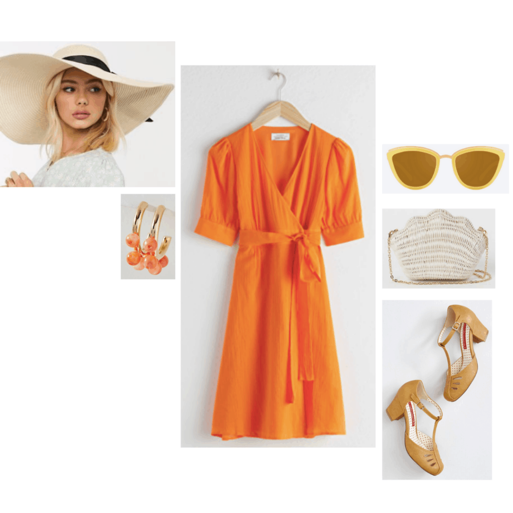 Emma fashion: Outfit inspired by Mrs. Elton from the 2020 film adaptation of Jane Austen's Emma. Outfit set includes an orange dress, oversized wide brim hat, orange bauble earrings, shell bag, and t-strap heels