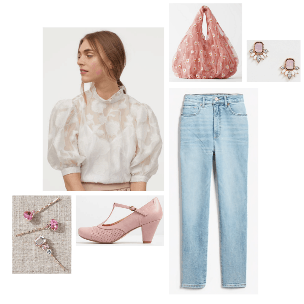 Emma fashion: Outfit inspired by the character Emma from the 2020 Jane Austen film, with light wash jeans, blousey top, sheer bag, pink heels