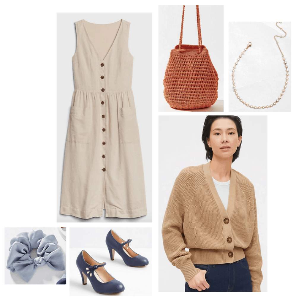 Outfit inspired by Harriet from the 2020 Jane Austen film Emma: Button front dress, beige cardigan, light blue scrunchie, blue heels