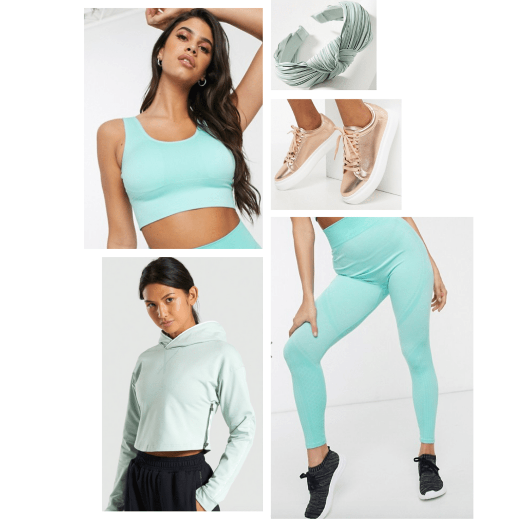 Outfit inspired by Jasmine from Aladdin: neon green sports bra and pant set, mint green hoodie, rosegold sneakers