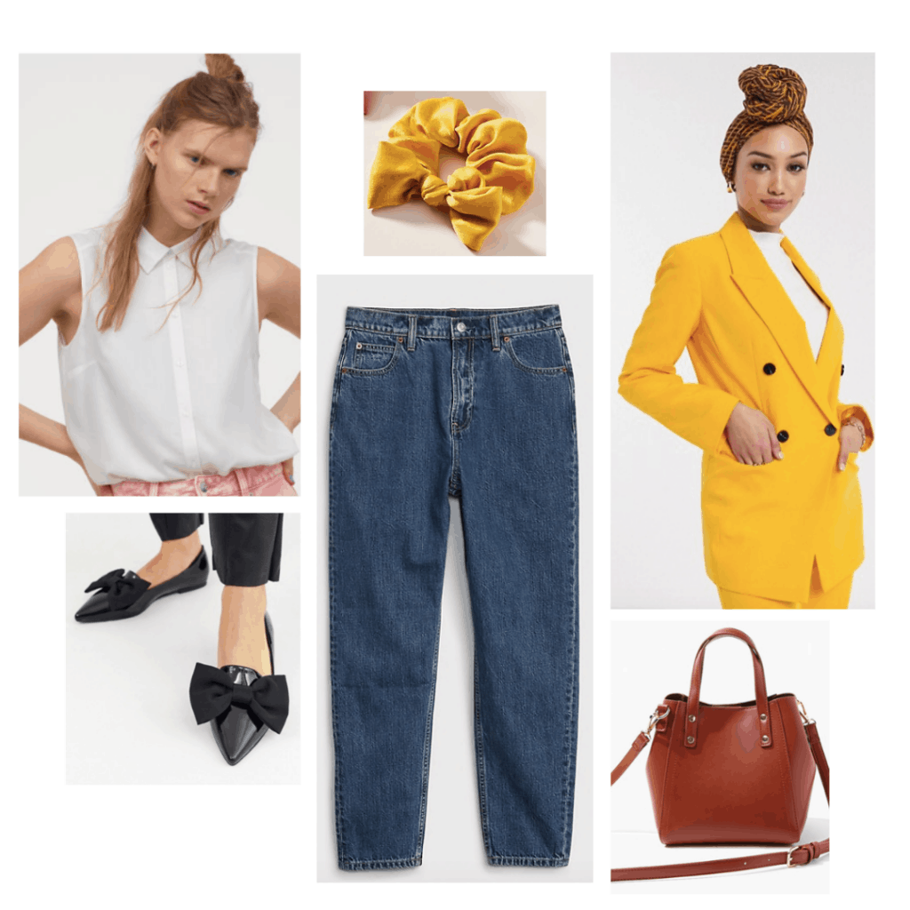 Outfit inspired by Mr. Elton from the 2020 film Emma with yellow blazer, high waisted jeans, flats, simple bag, button-down shirt