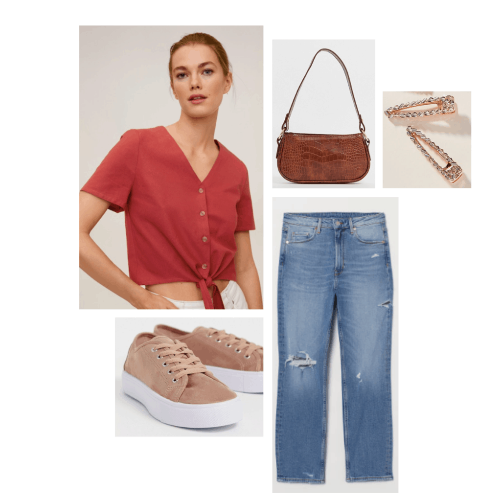 Outfit set: rose button-front blouse with tie, boyfriend jeans, tan sneakers.