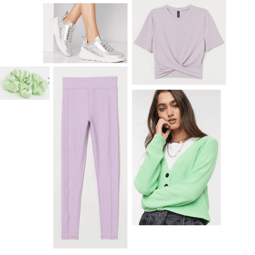 Outfit set: pastel purple crop top, lilac leggings, mint green cardigan, silver sneakers.