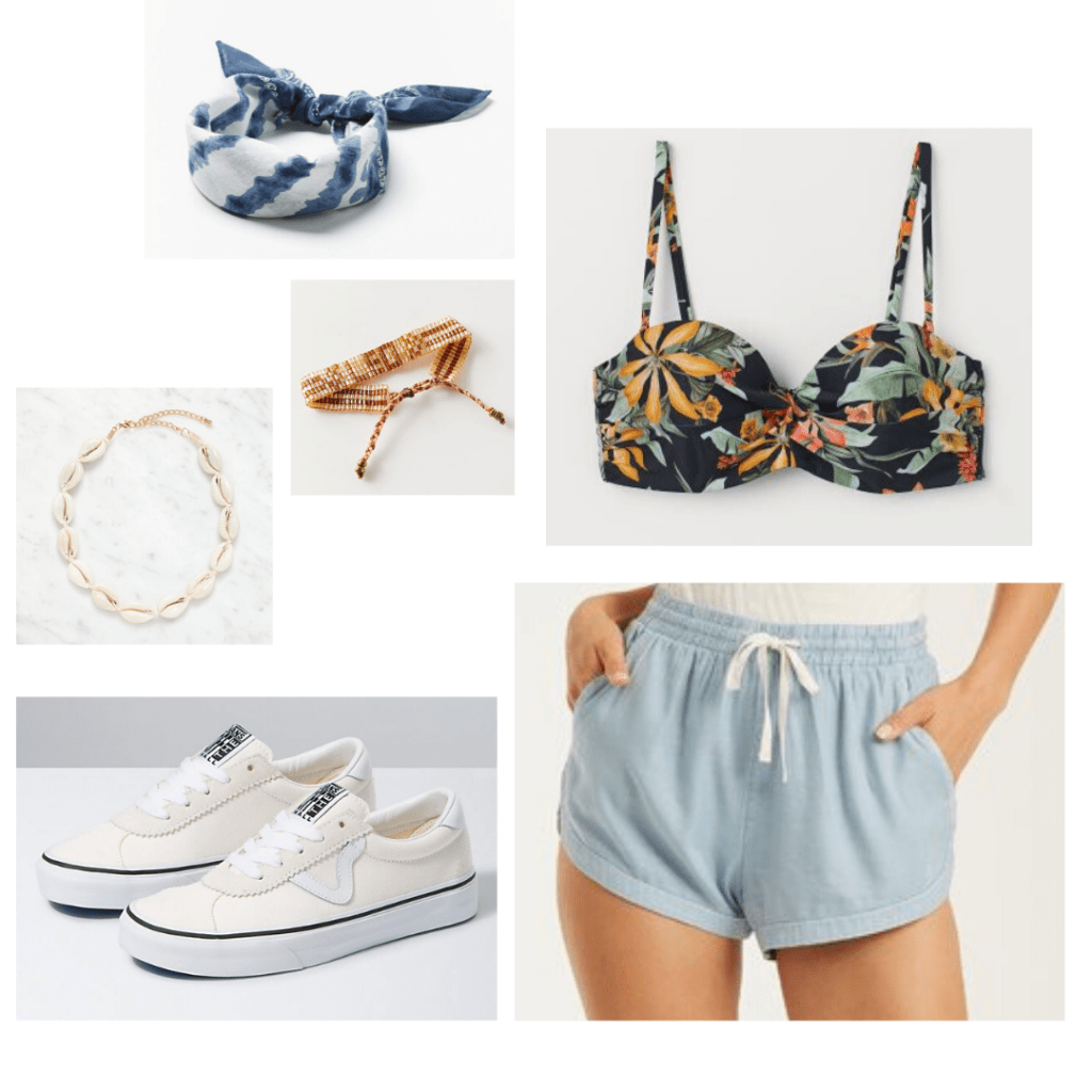 Outer banks fashion: Outfit inspired by Kiara's style from Outer Banks with floral bikini, tie dye bandana headband, white vans, blue shorts, shell jewelry