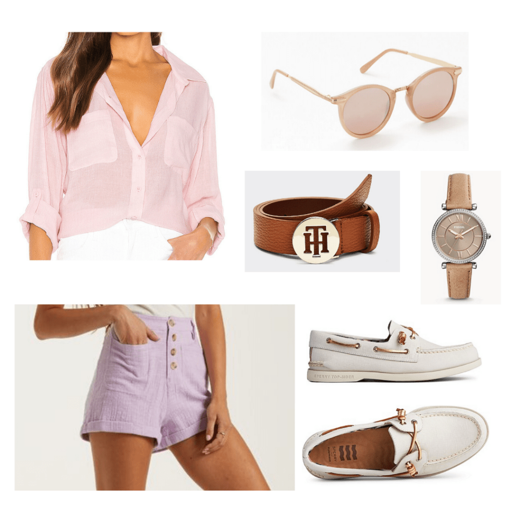 Outfit inspired by the Kooks on Outer Banks with pastel shorts, button down shirt, boat shoes, logo belt, watch, sunglasses