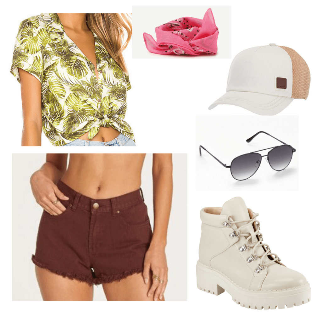 Outer banks fashion: Outfit inspired by the Pogues with ripped denim shorts, boots, tied-up hawaiian shirt, aviator shades, trucker hat