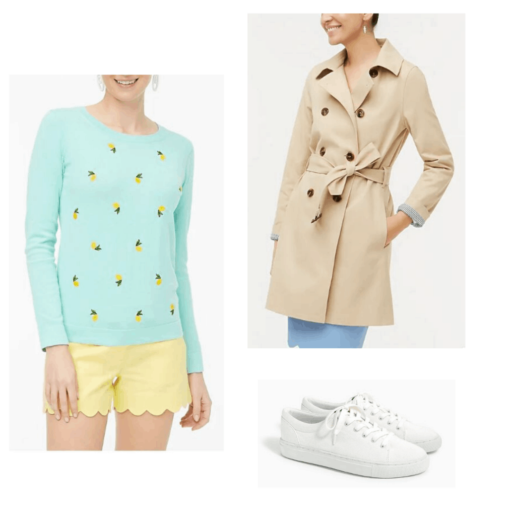 Blue sweater with lemon print, scalloped yellow shorts, trench coat, and white canvas sneakers from J.Crew Factory 